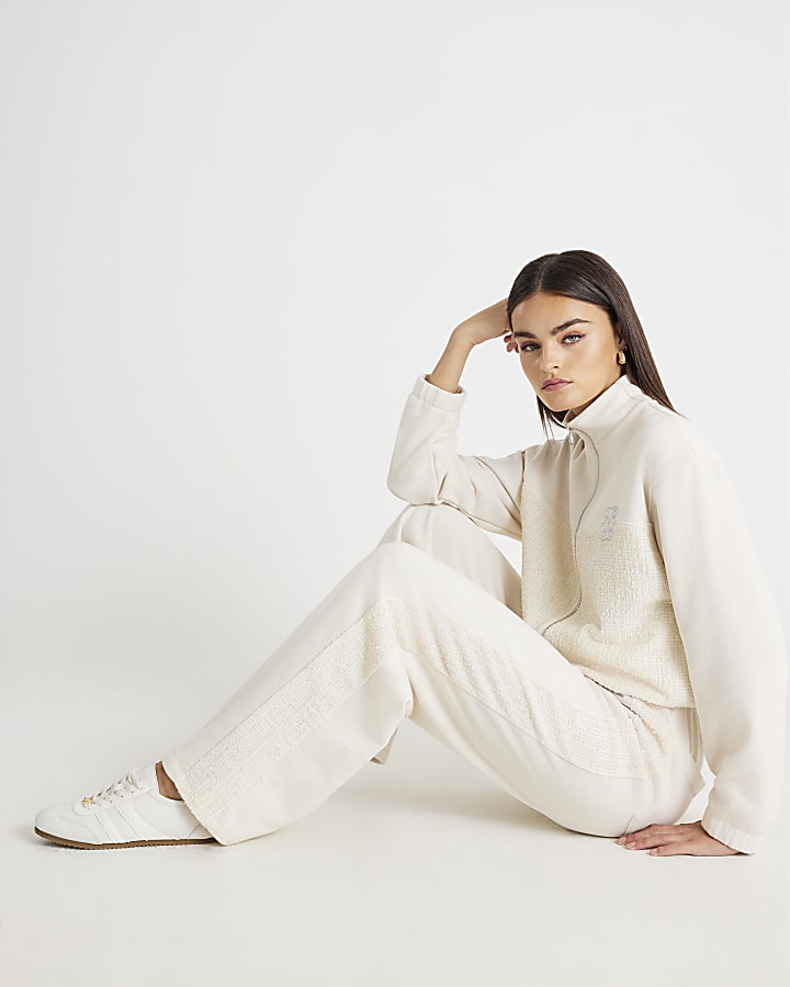 Cream Boucle Mix Wide Leg Joggers