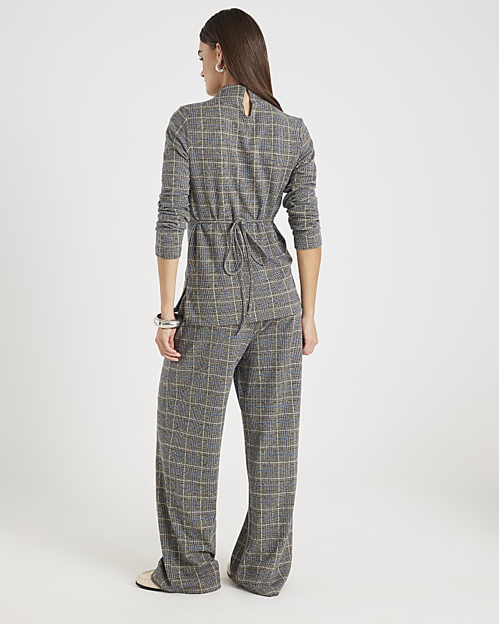 Grey Cosy Check Print Wide Leg Trousers