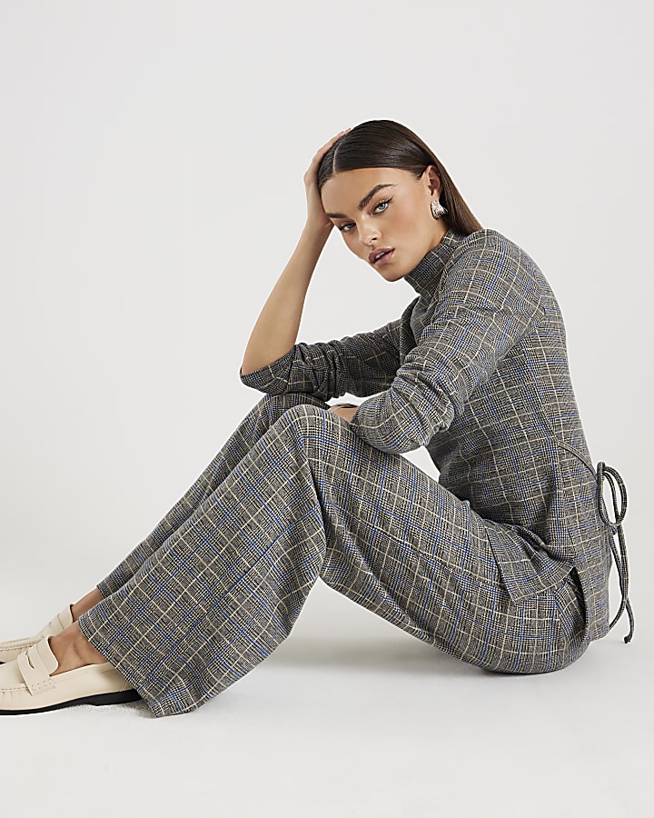Grey Cosy Check Print Wide Leg Trousers