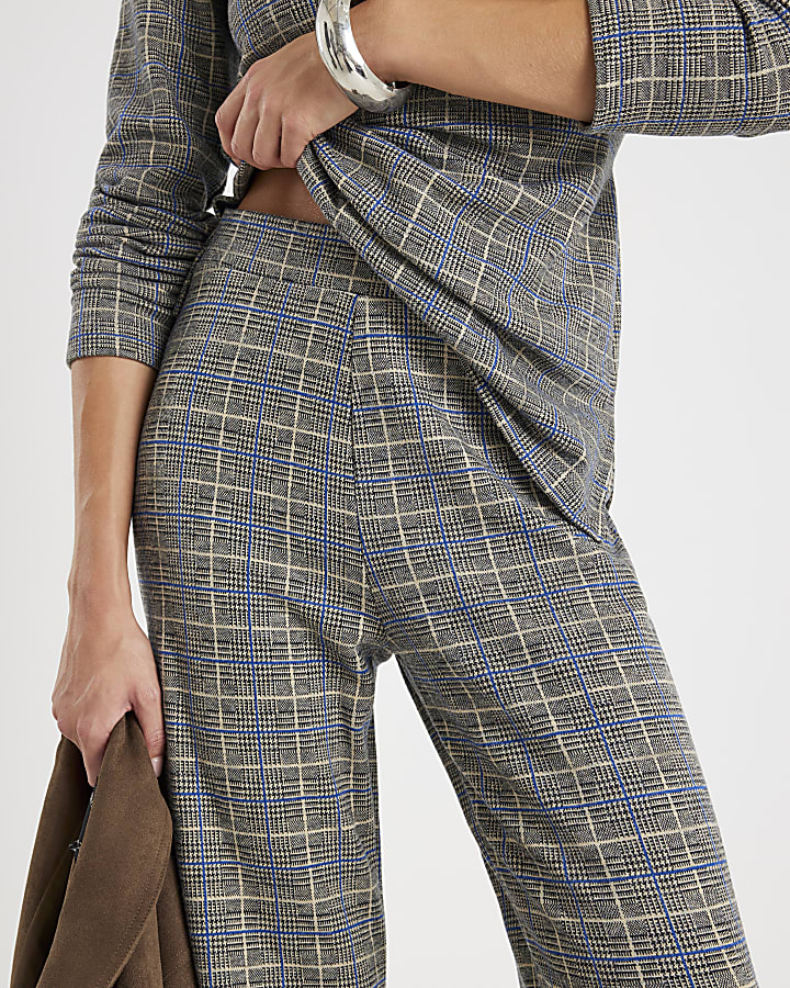 Grey Cosy Check Print Wide Leg Trousers