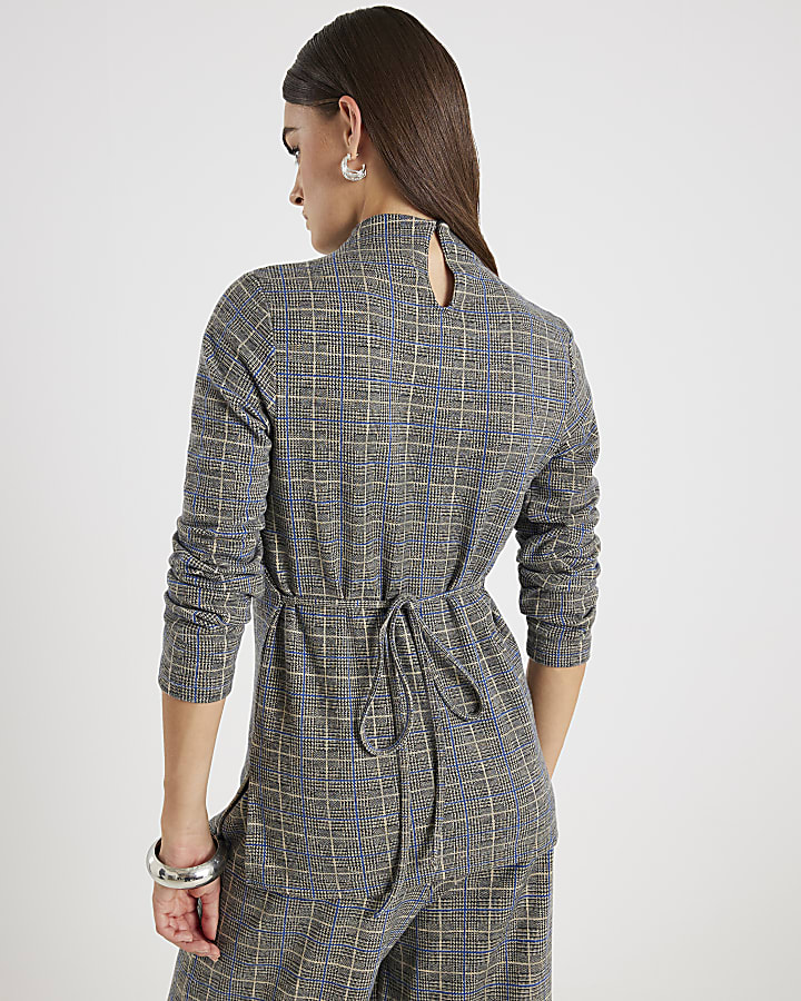 Grey Check Print Cosy Belted Tunic Top