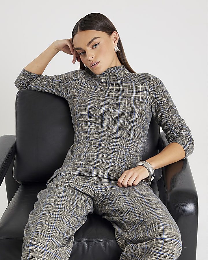 Grey Check Print Cosy Belted Tunic Top