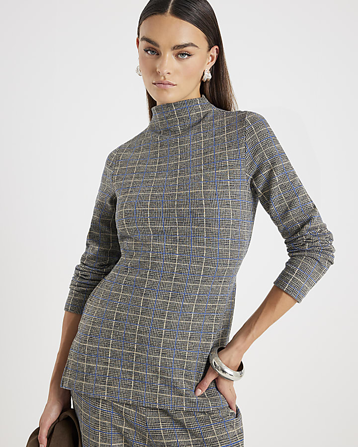 Grey Check Print Cosy Belted Tunic Top