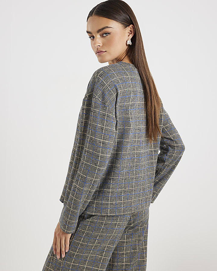 Grey Check Print Cosy Boxy Fit Top