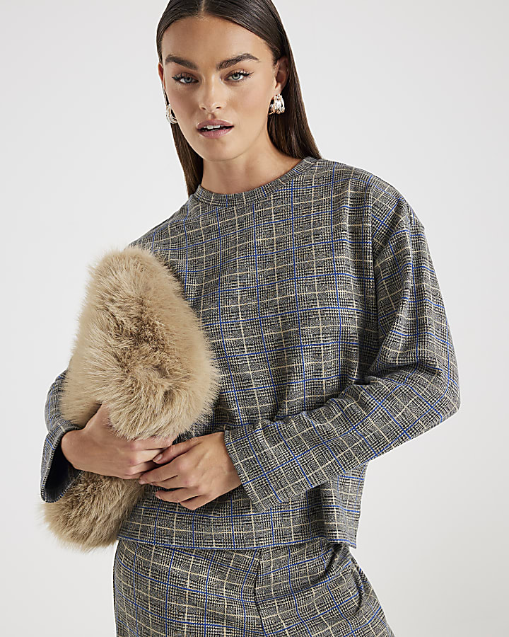 Grey Check Print Cosy Boxy Fit Top