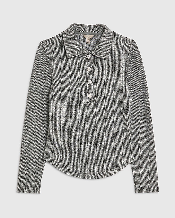 Grey Long Sleeve Polo Top