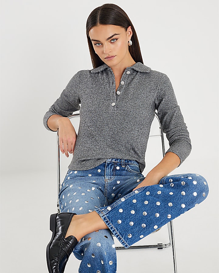Grey Long Sleeve Polo Top