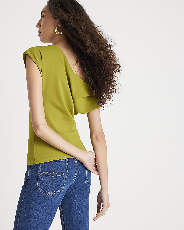 Green Short Sleeve Drape Scuba Top