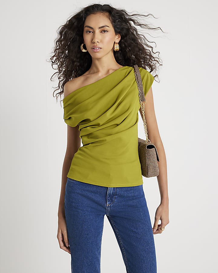 Green Short Sleeve Drape Scuba Top
