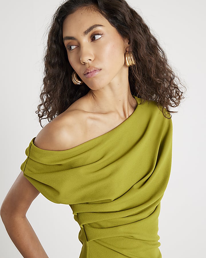 Green Short Sleeve Drape Scuba Top