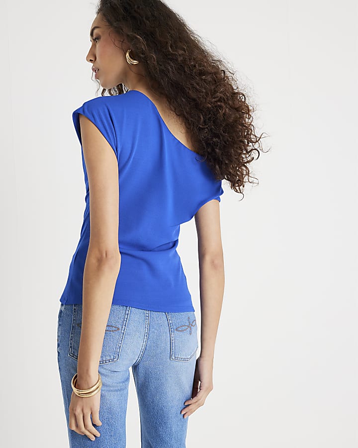 Blue Short Sleeve Off Shoulder Drape Top
