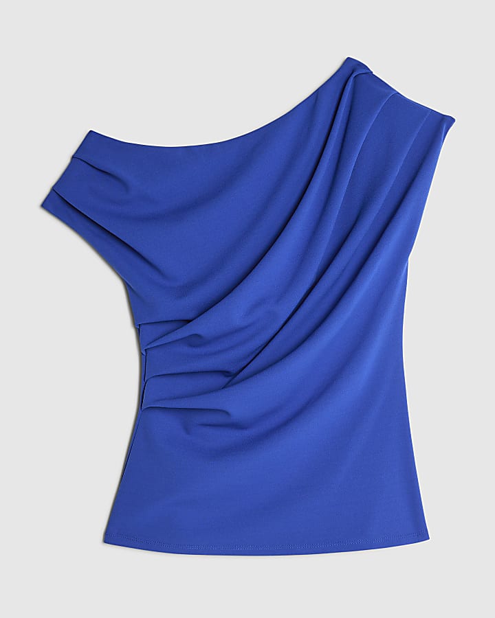 Blue Short Sleeve Off Shoulder Drape Top