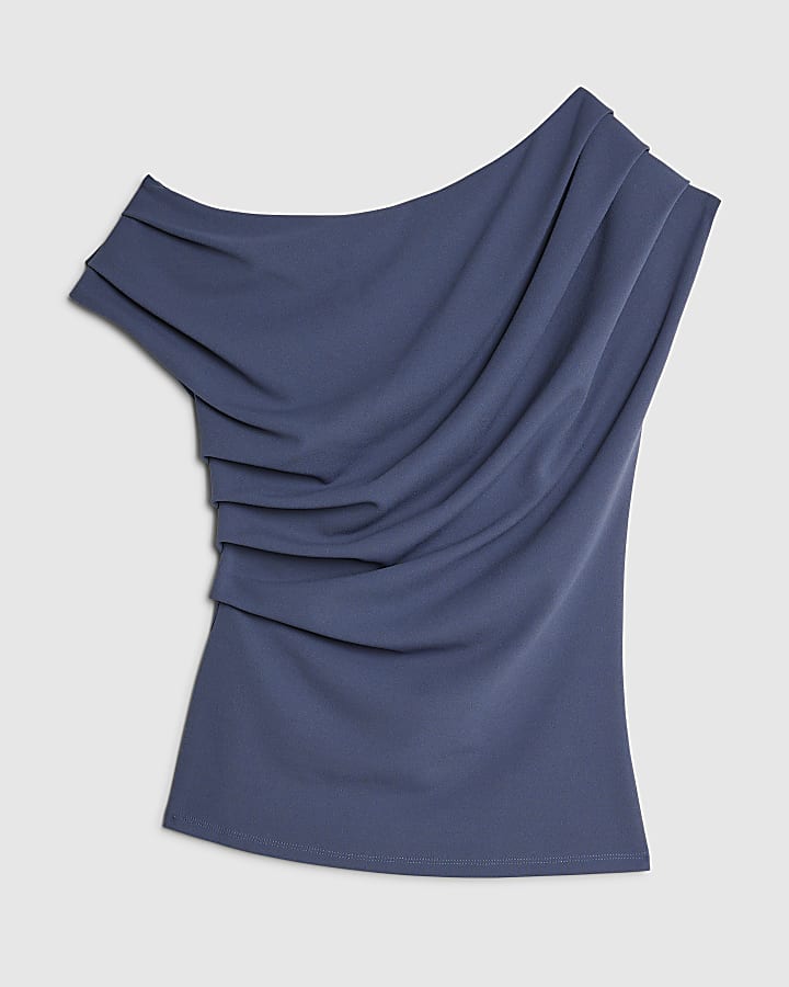 Blue Short Sleeve Off Shoulder Drape Top