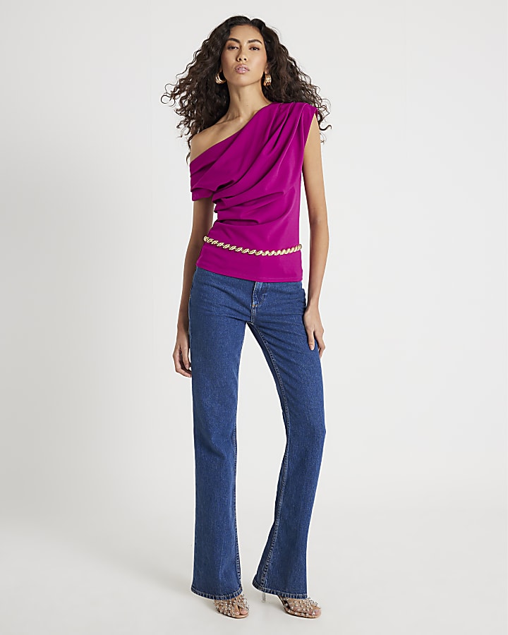 Purple Short Sleeve Drape Scuba Top