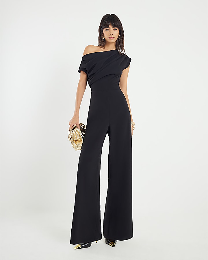 Black Sleeveless Asymmetric Drape Jumpsuit