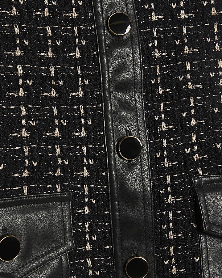 Black Boucle Faux Leather Trim Cardigan