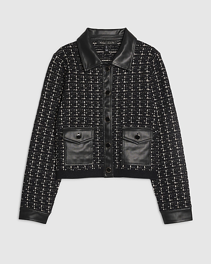 Black Boucle Faux Leather Trim Cardigan