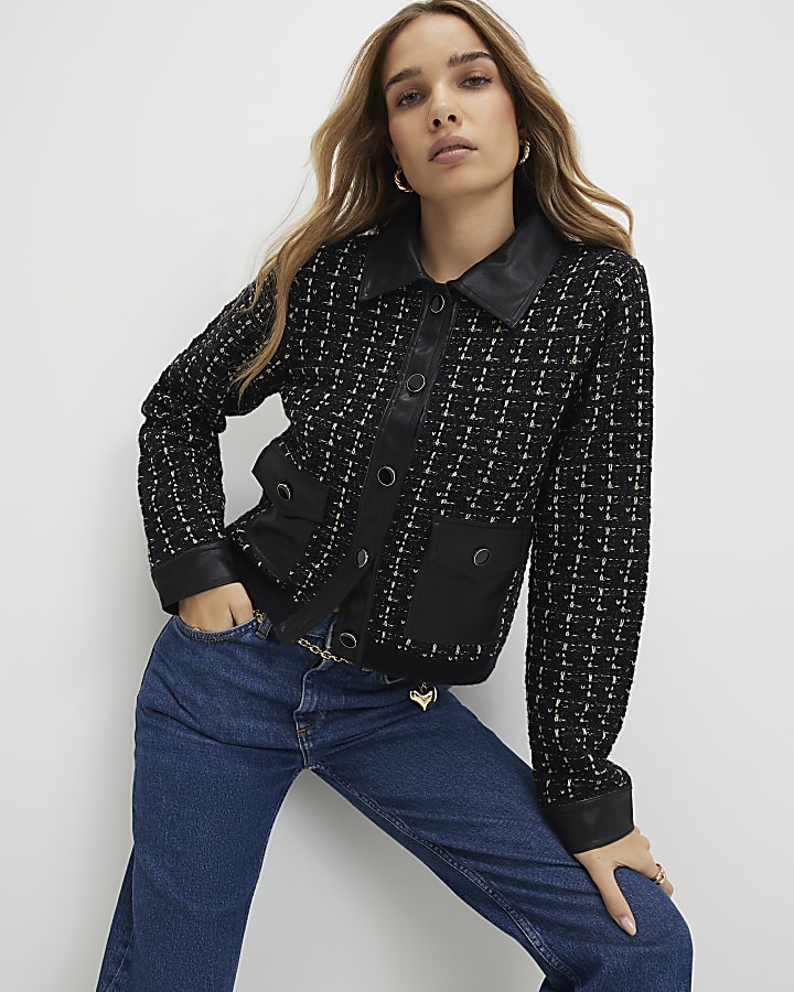 Black Boucle Faux Leather Trim Cardigan