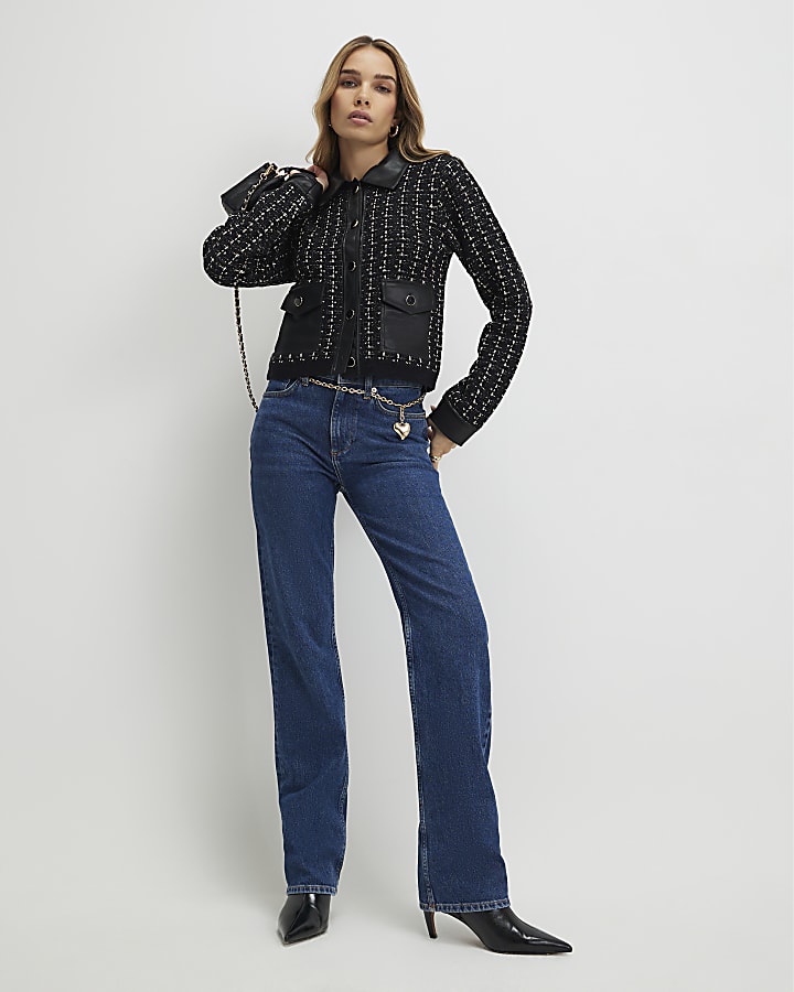 Black Boucle Faux Leather Trim Cardigan