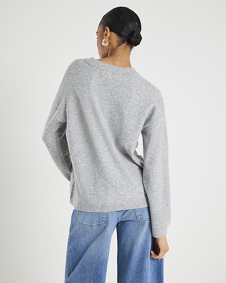 Grey Knitted Crew Neck Jumper