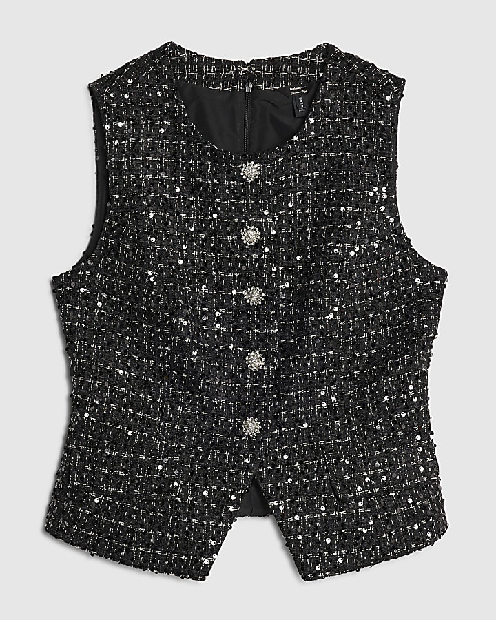 Black Boucle Sleeveless Sequin Waistcoat
