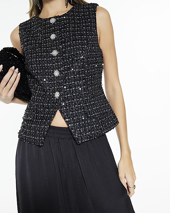 Black Boucle Sleeveless Sequin Waistcoat