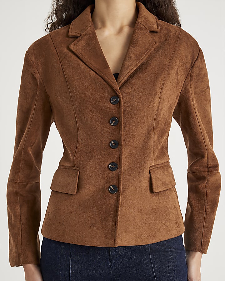 Brown Faux Suede Fitted Blazer