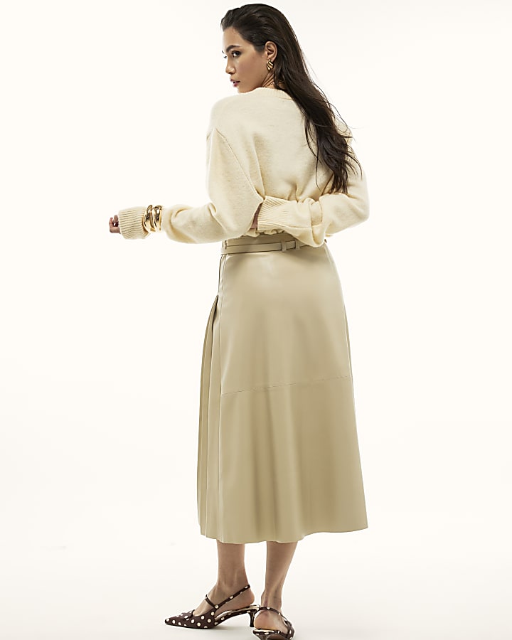 Cream Faux Leather Belted Pleated Midi Skirt