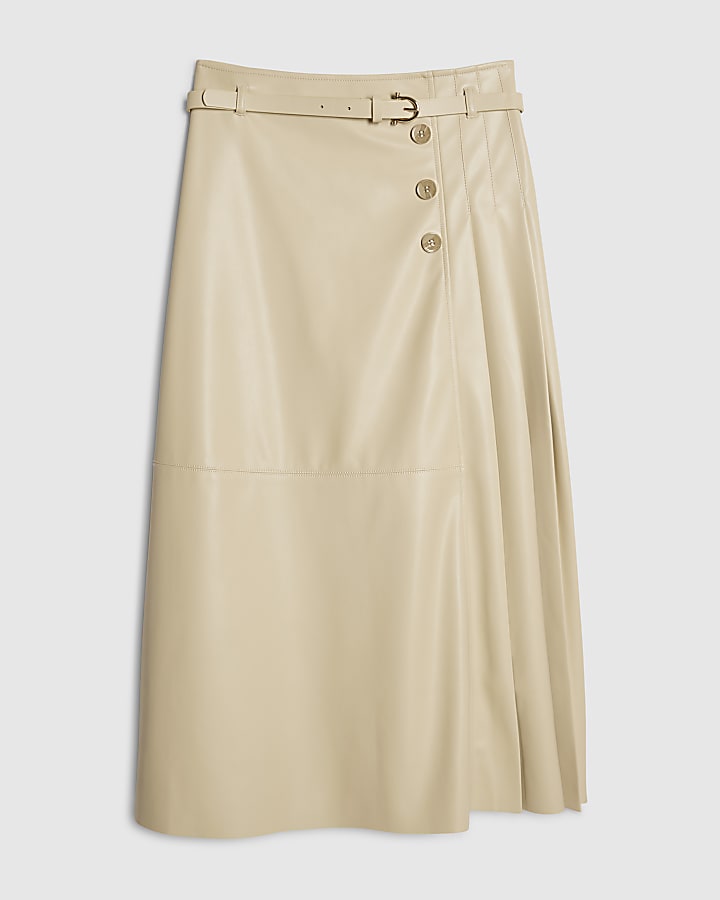 Cream Faux Leather Belted Pleated Midi Skirt
