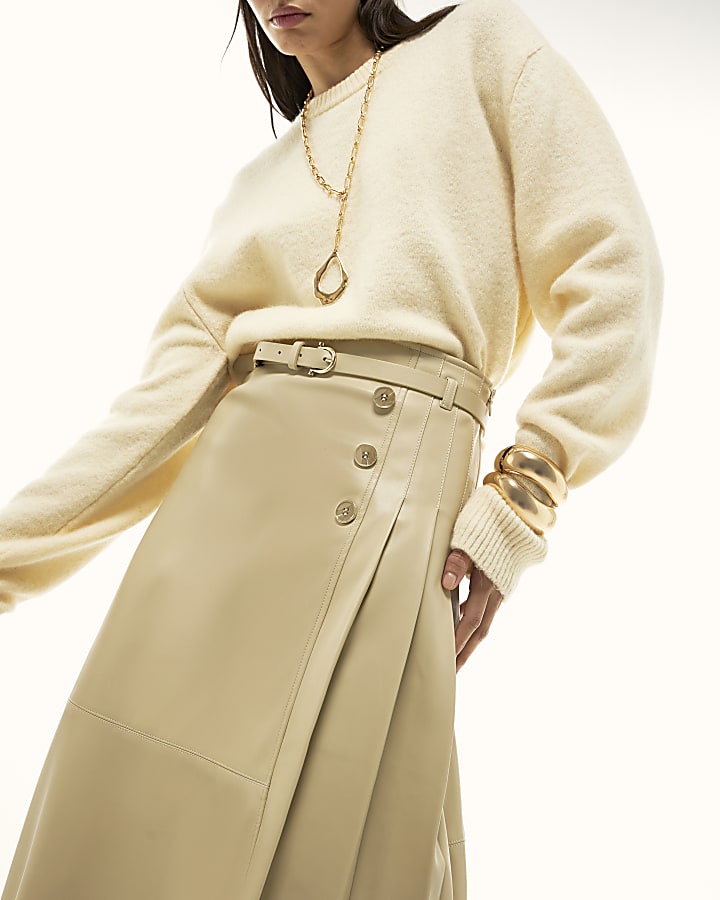 Cream Faux Leather Belted Pleated Midi Skirt