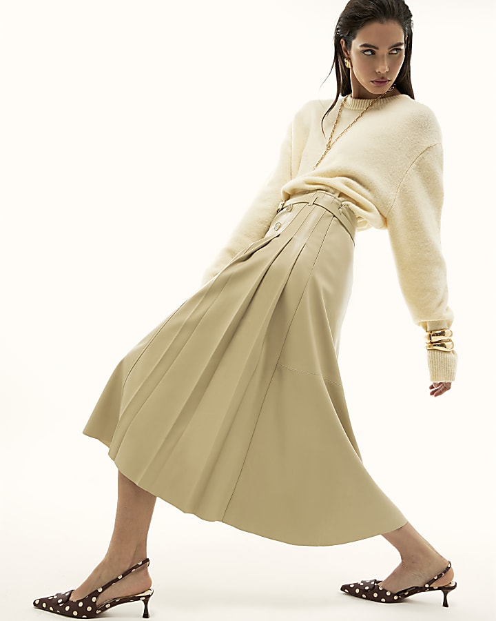 Cream Faux Leather Belted Pleated Midi Skirt