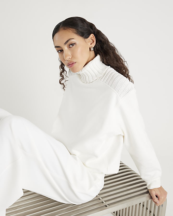 Cream Roll Neck Hybrid Knit Sweatshirt