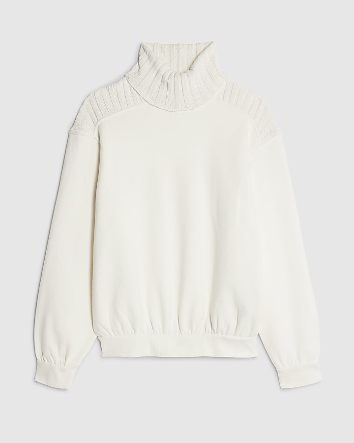 Cream Roll Neck Hybrid Knit Sweatshirt