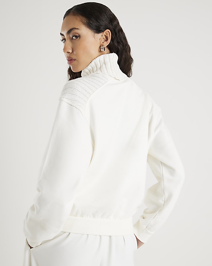 Cream Roll Neck Hybrid Knit Sweatshirt