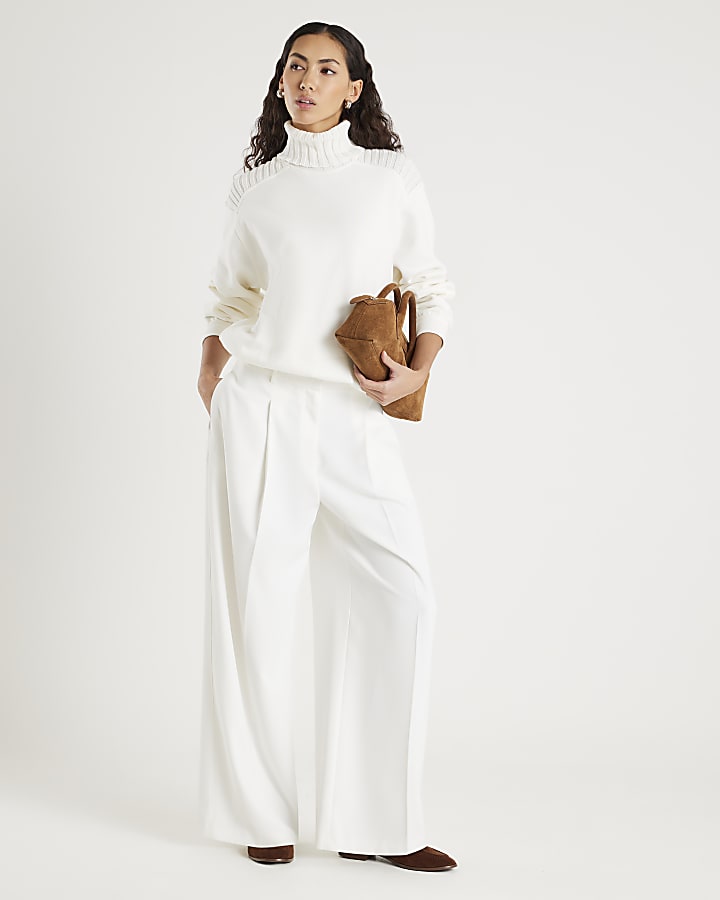 Cream Roll Neck Hybrid Knit Sweatshirt