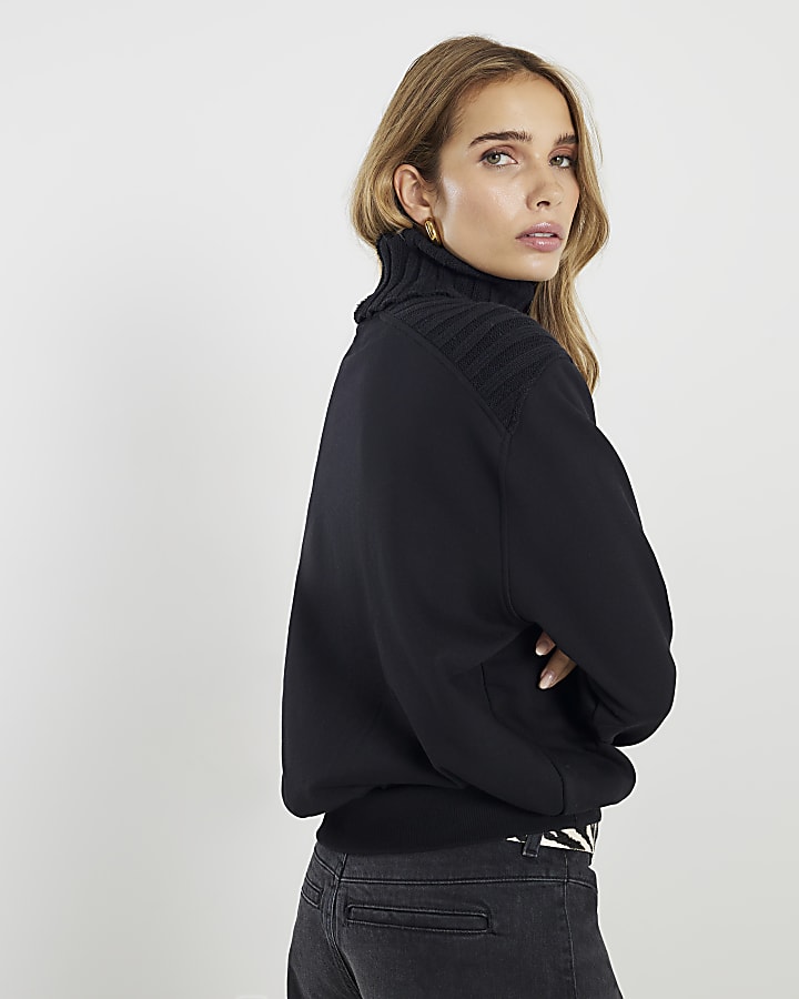 Black Roll Neck Hybrid Knit Sweatshirt