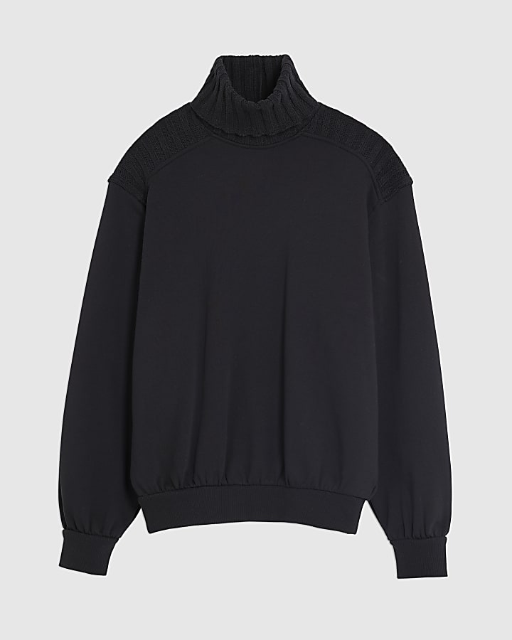 Black Roll Neck Hybrid Knit Sweatshirt