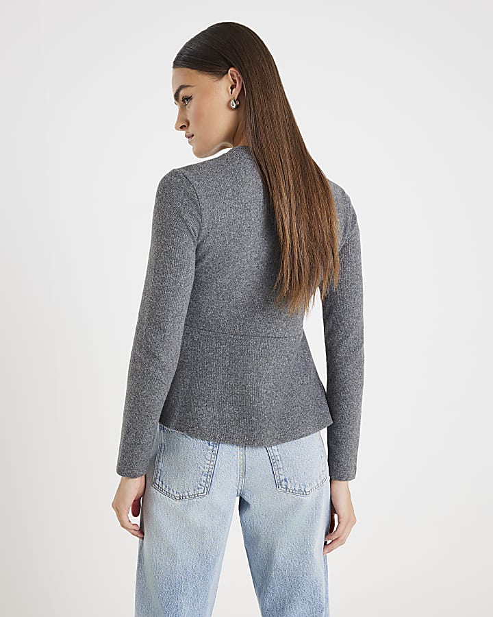 Grey Cosy Long Sleeve Peplum Cardigan