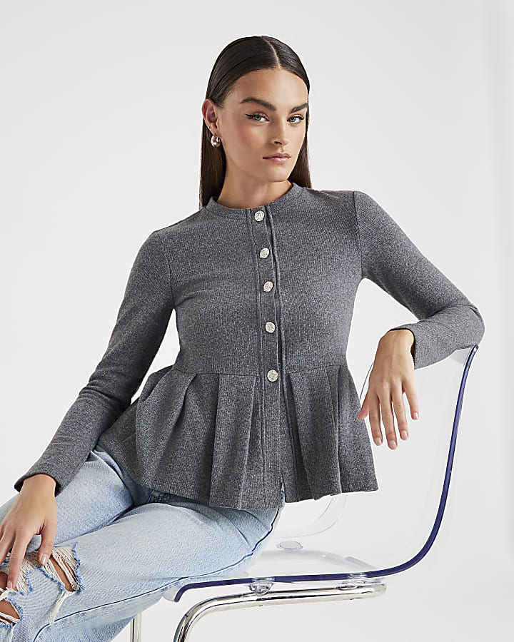 Grey Cosy Long Sleeve Peplum Cardigan