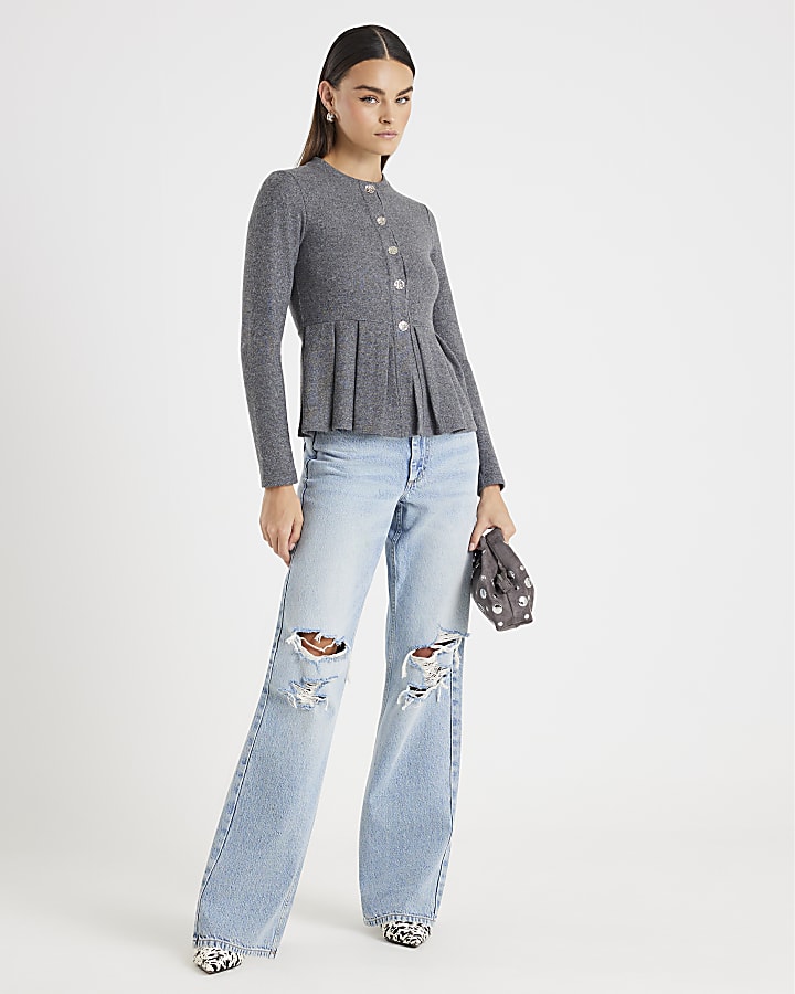 Grey Cosy Long Sleeve Peplum Cardigan