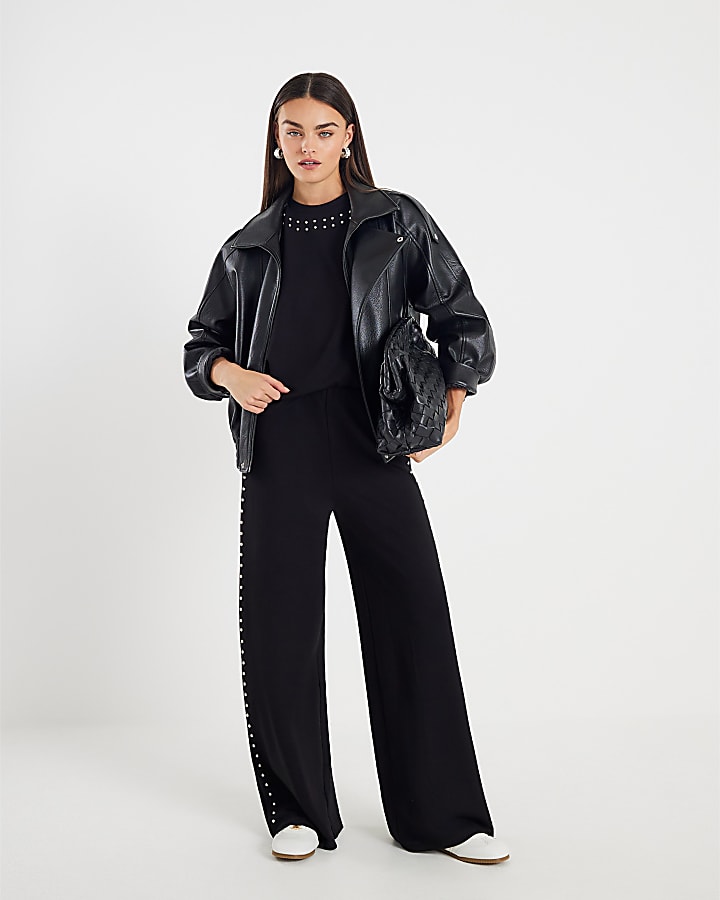 Black Stud Neoprene Wide Leg Joggers
