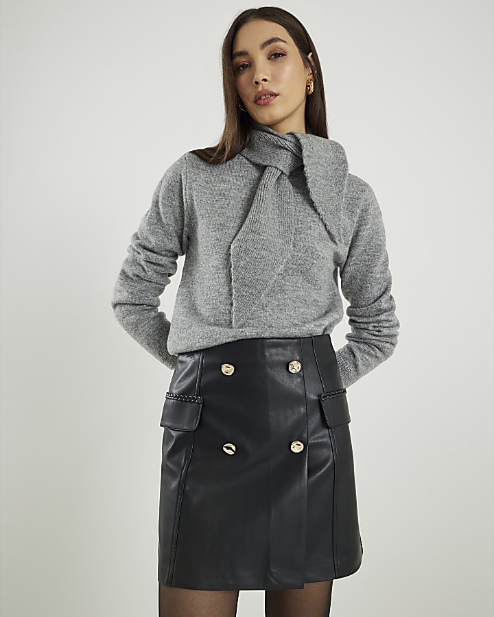 Black Faux Leather Wrap Mini Skirt