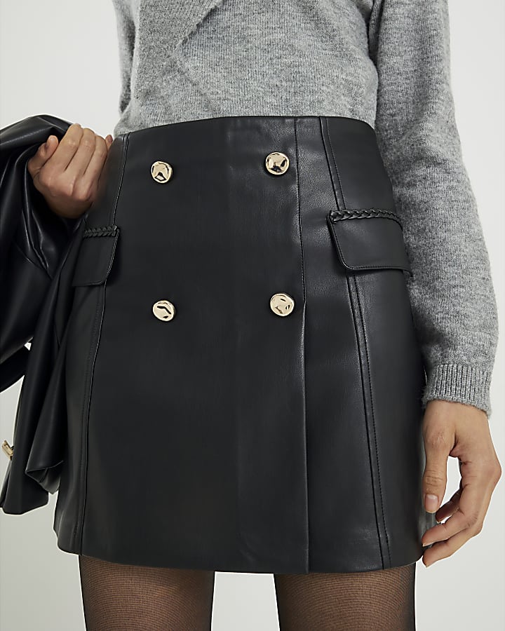 Black Faux Leather Wrap Mini Skirt