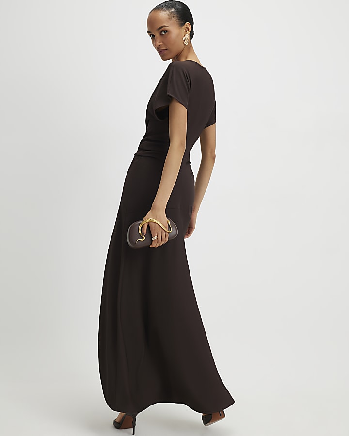 Brown Short Sleeve Cinched Waist Maxi Dress