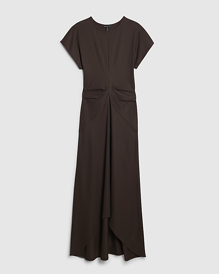 Brown Short Sleeve Cinched Waist Maxi Dress