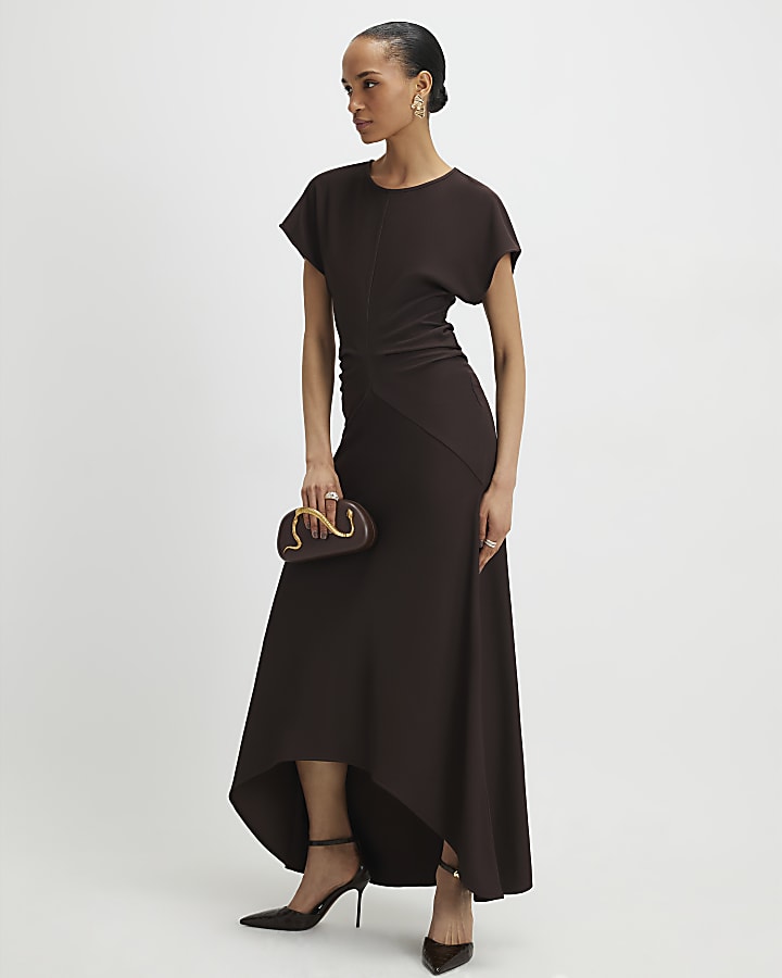 Brown Short Sleeve Cinched Waist Maxi Dress