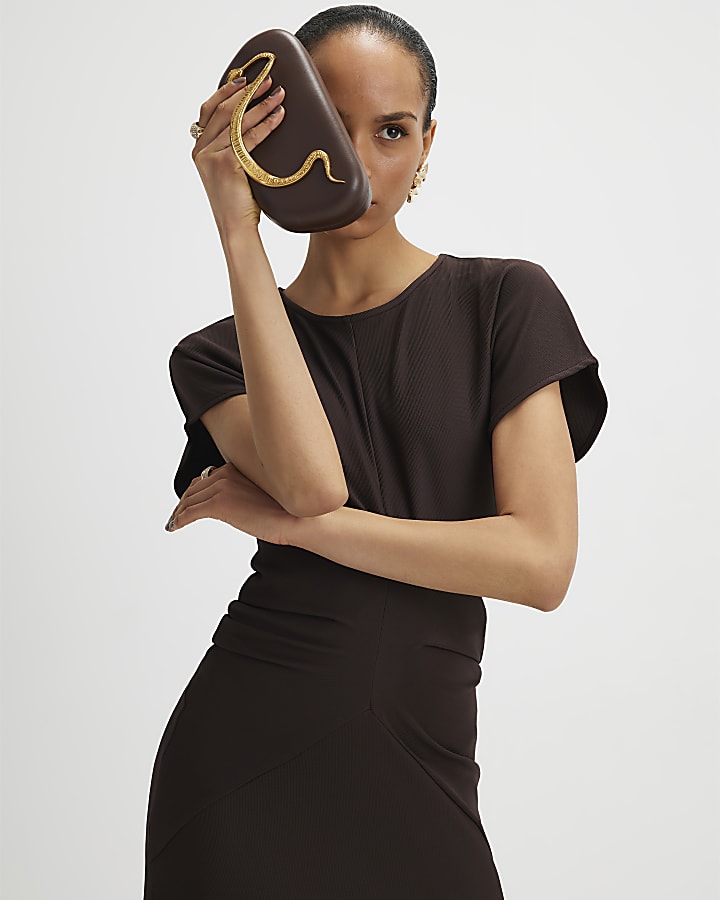 Brown Short Sleeve Cinched Waist Maxi Dress