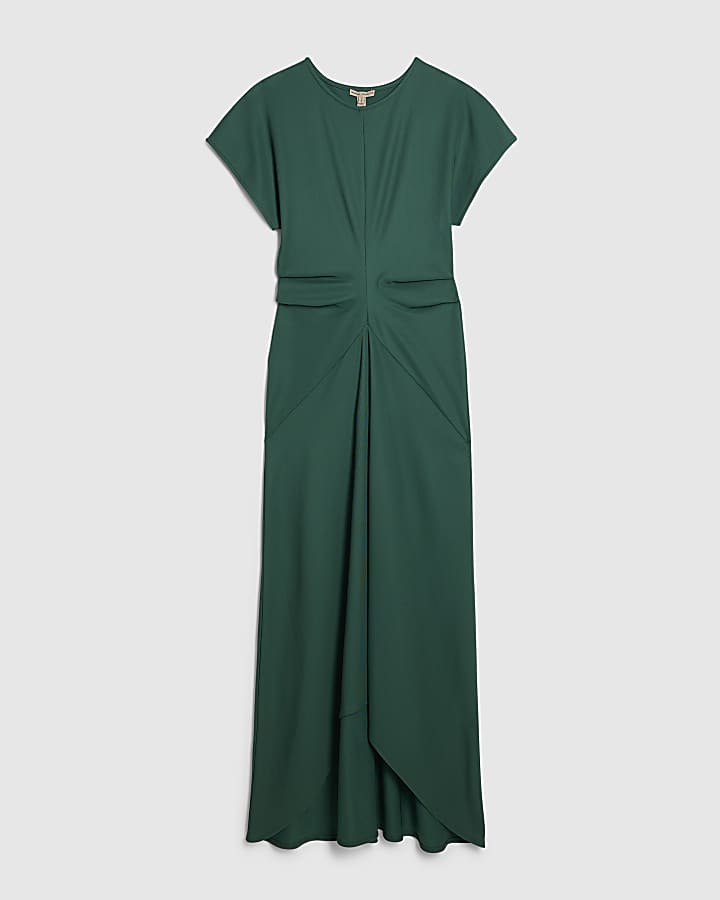 Green Short Sleeve Cinched Waist Maxi Dress