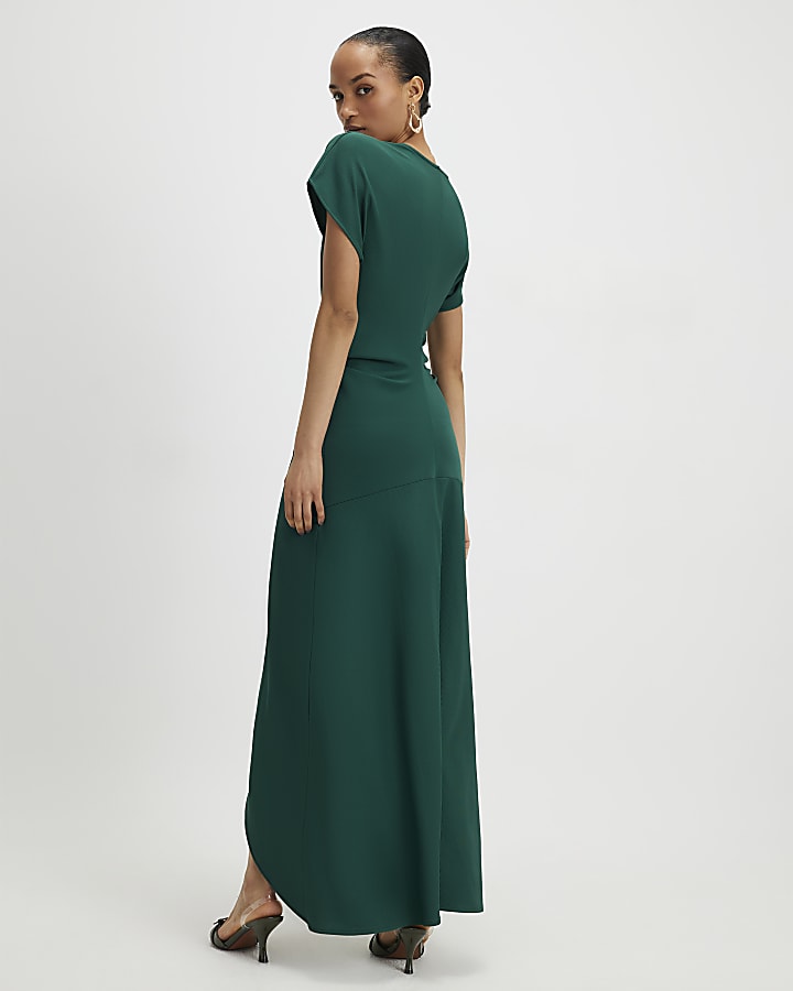Green Short Sleeve Cinched Waist Maxi Dress