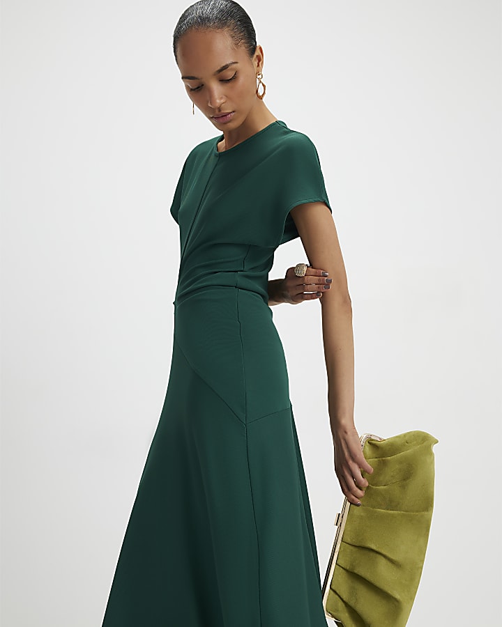 Green Short Sleeve Cinched Waist Maxi Dress